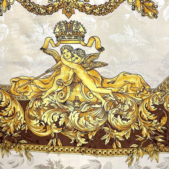 Silk Square Scarf Italy Brown Gold Cream Baroque - Picture 2 of 13